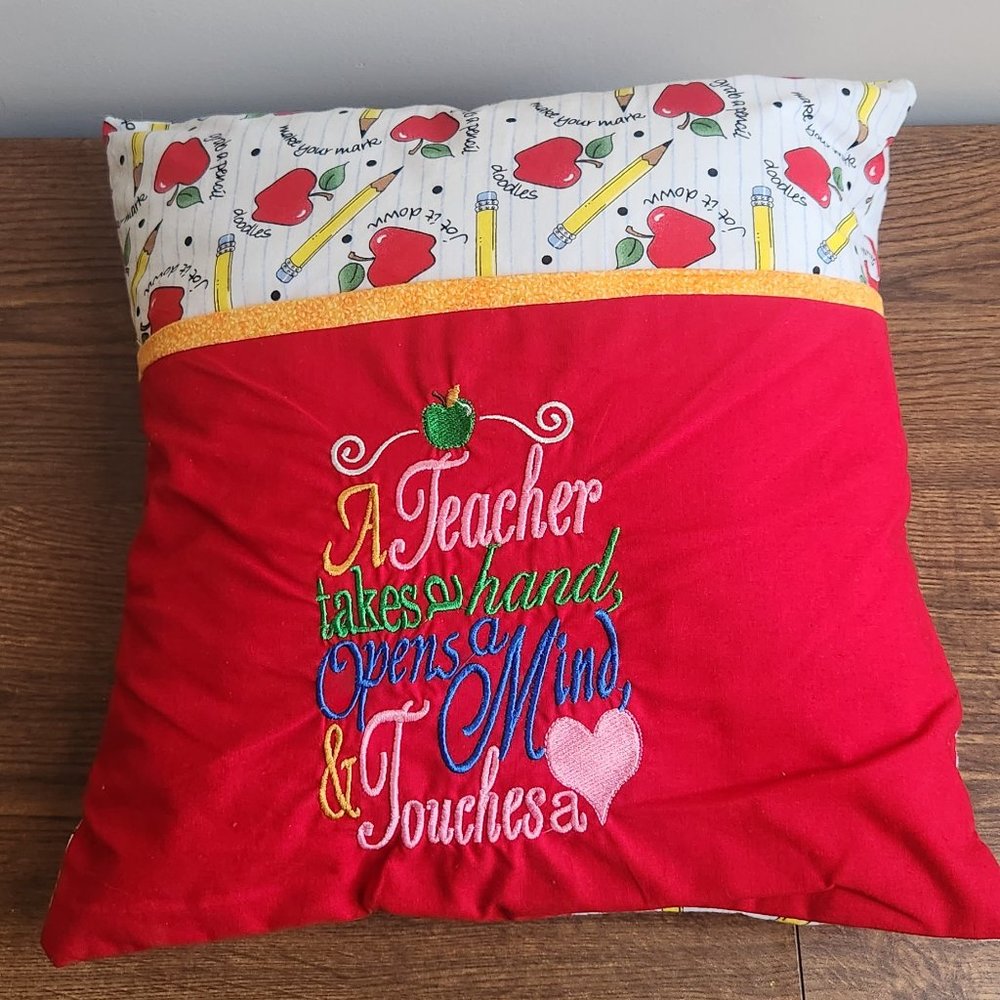 Machine Embroidered 14x14 Teacher Appreciation Pillow Cushion with Pocket